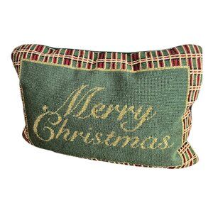 Vintage Merry Christmas Tapestry Throw Accent Pillow 10&quot;x16&quot; Green Pla